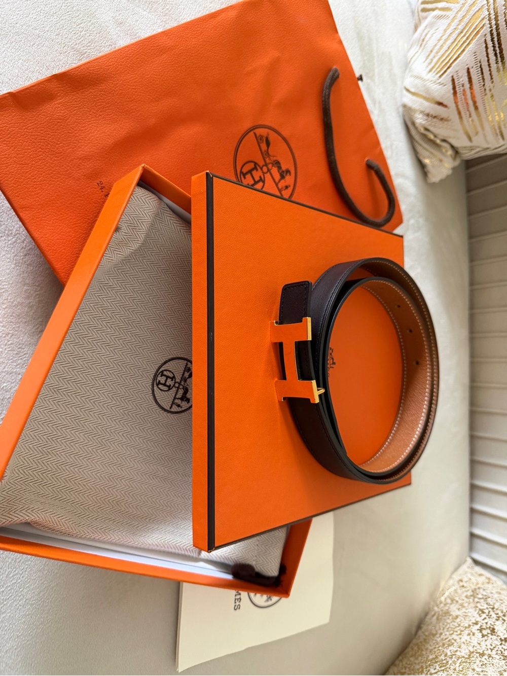 Hermes Black Reversible Leather Belt with Gold H Buckle